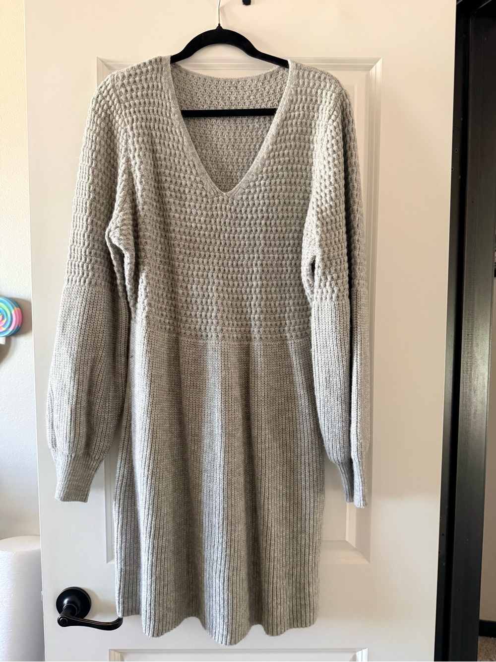 V-Neck Knit Sweater Dress in Light Gray